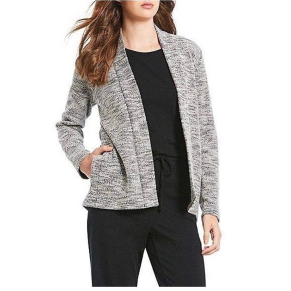 Eileen Fisher Black White Marled Organic Cotton Open Front Cardigan Size XL